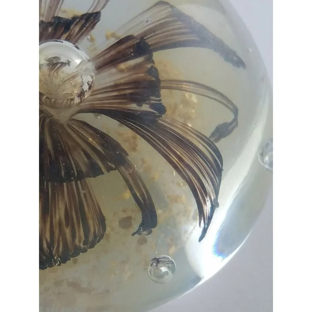 Oval Shaped Paperweight Clear Glass Flower Bubbles Brown Gold Jellyfish Mushroom